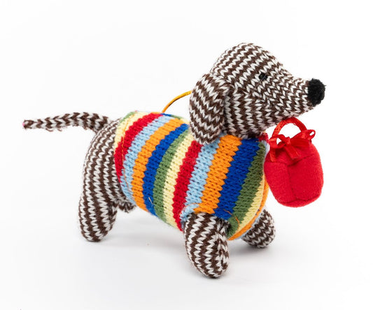 KNITTED SAUSAGE DOG WITH PRESENT CHRISTMAS DECORATION